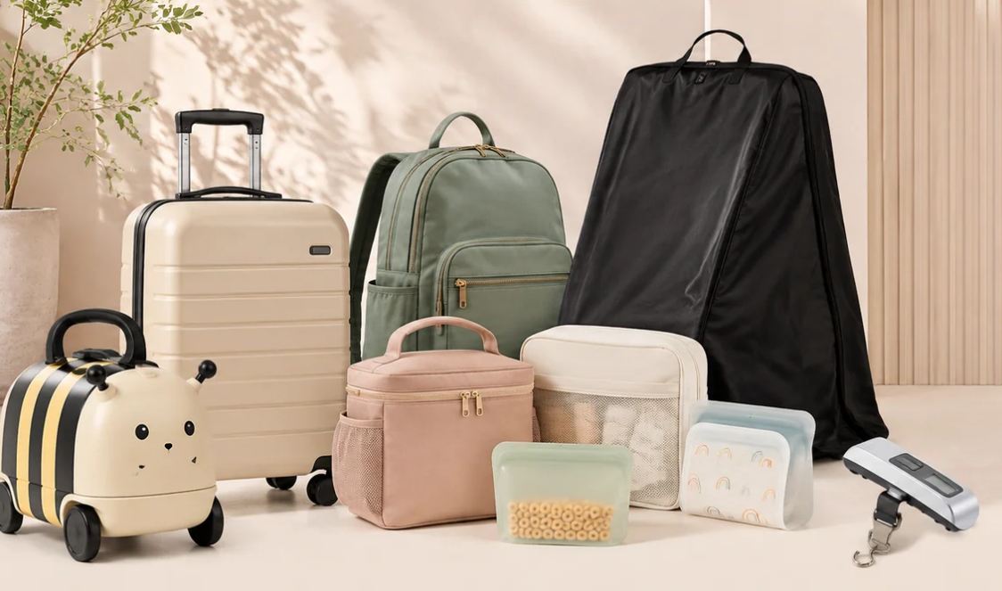 A stroller travel bag, kids’ carry-on, diaper backpack, snack bags and a luggage scale