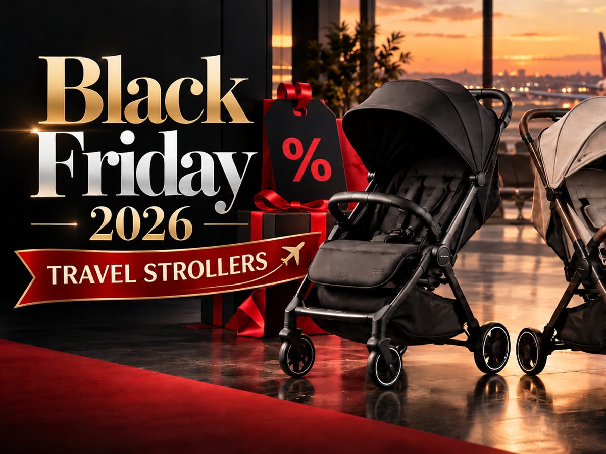 Black Friday 2026 artwork with two travel strollers in an airport terminal at sunset