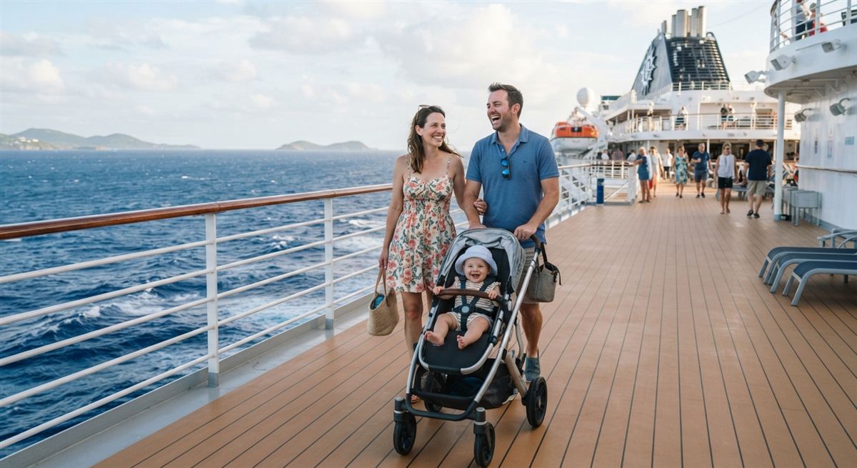 Parents pushing a baby in a stroller along a cruise ship deck